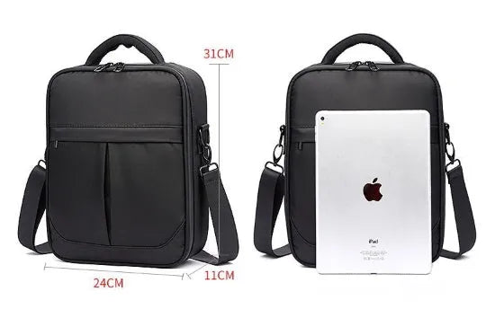 Black Oxford fabric men's messenger bag with adjustable shoulder strap and multiple compartments