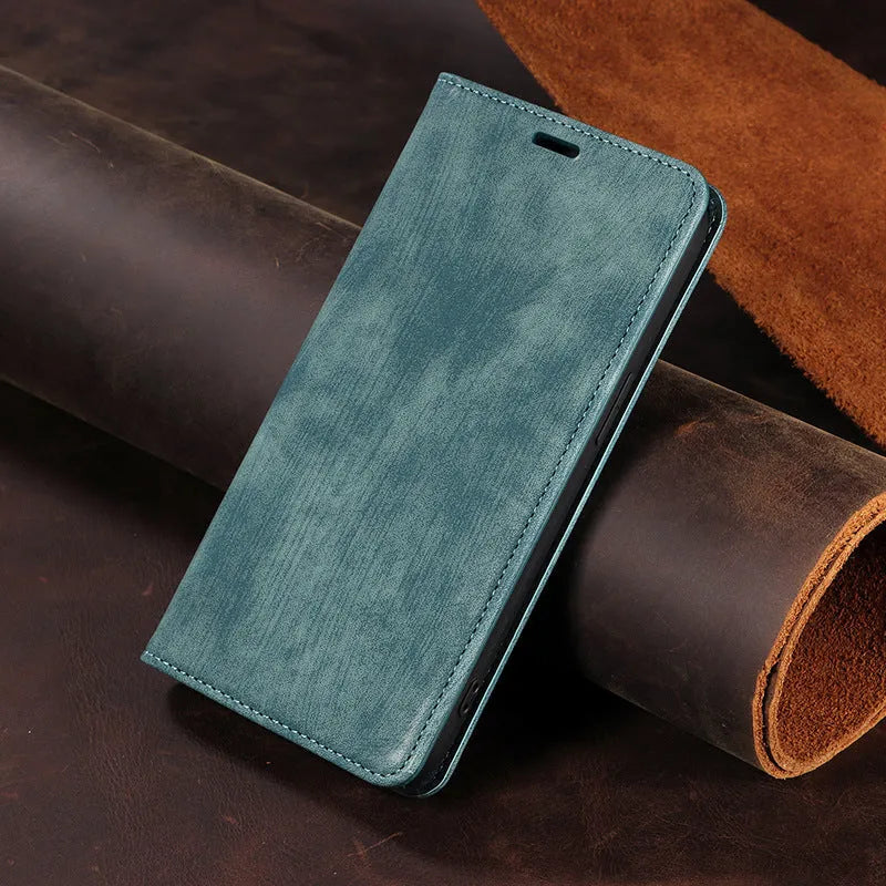 Genuine leather magnetic flip phone case in multiple colours for iPhone models.