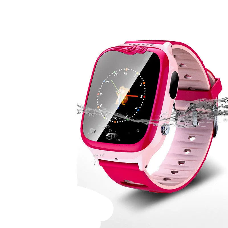 Blue children's phone watch with HD touchscreen and silicone wristband showing positioning features