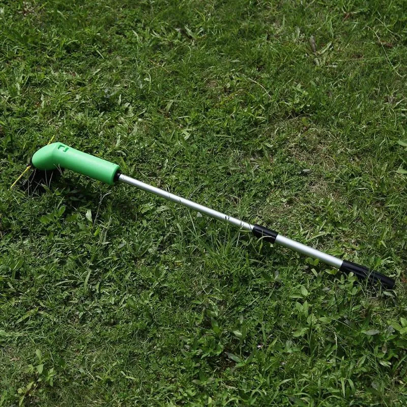 Cordless Zip Trim handheld lawn mower and weed trimmer with extension pole and debris shield.