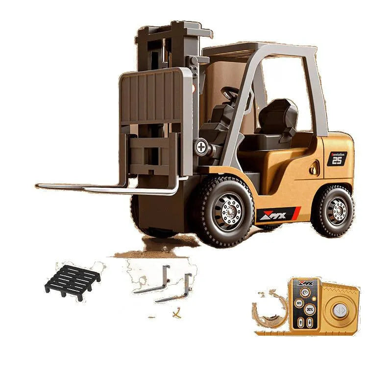 1:64 scale metal alloy remote control forklift model with mini remote, cargo hook, and pallet.