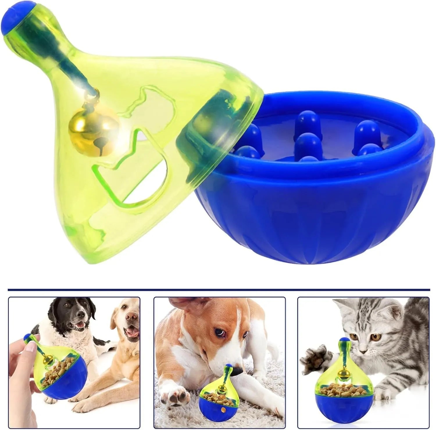 Blue pet treat tumbler dispenser for dogs and cats with interactive ball design
