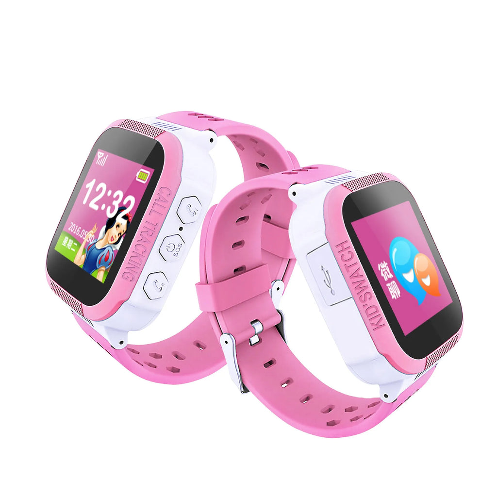 Blue and pink children's phone watch with 1.44 inch IPS touchscreen display showing user interface