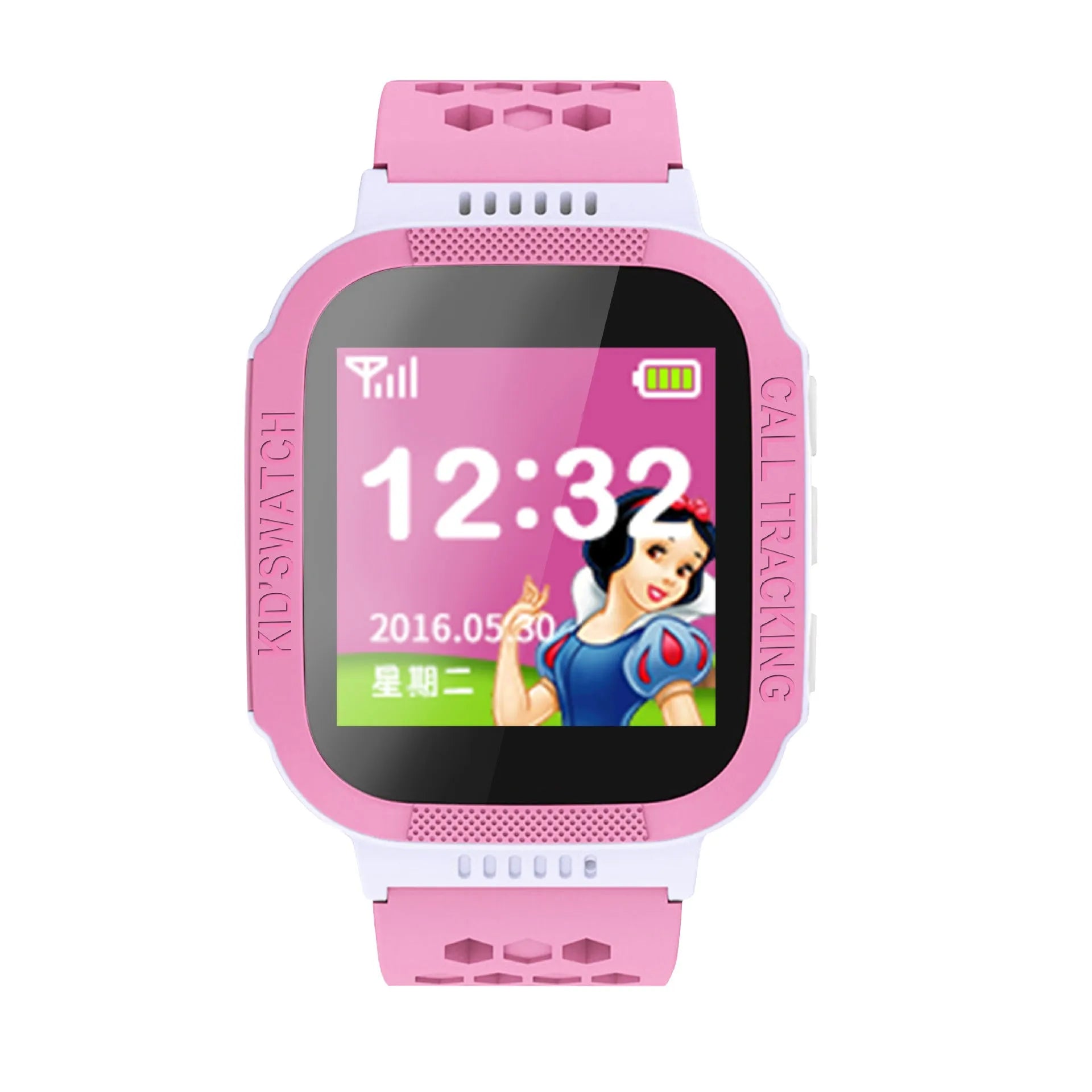 Blue and pink children's phone watch with 1.44 inch IPS touchscreen display showing user interface