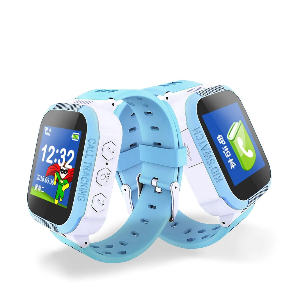Blue and pink children's phone watch with 1.44 inch IPS touchscreen display showing user interface