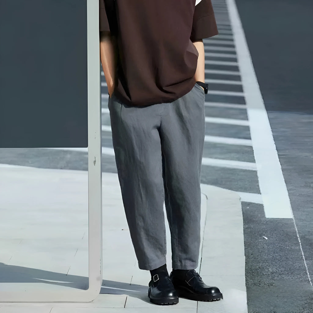 Men's loose straight casual pants in beige with drawstring waist and thin summer fabric