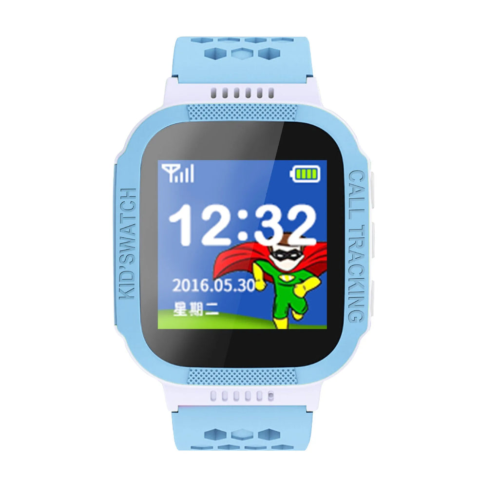 Blue and pink children's phone watch with 1.44 inch IPS touchscreen display showing user interface