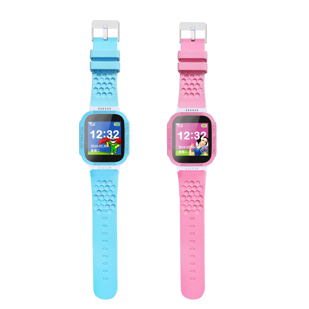 Blue and pink children's phone watch with 1.44 inch IPS touchscreen display showing user interface