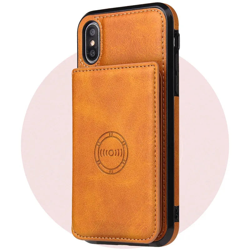 Imitation leather card wallet phone case for iPhone in multiple colour options showing card storage and back cover design