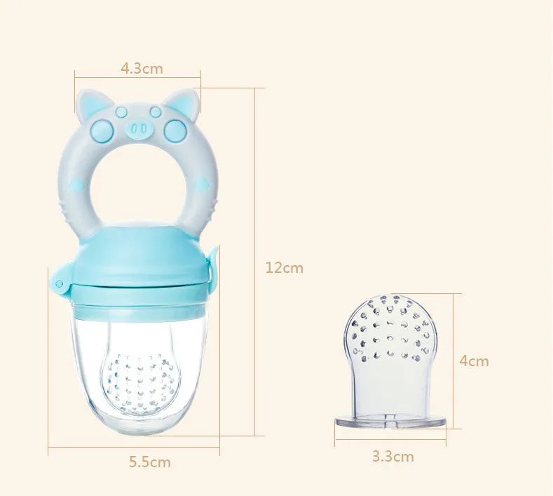 Silicone baby teether in blue, green, and pink colours with mouthpiece design options