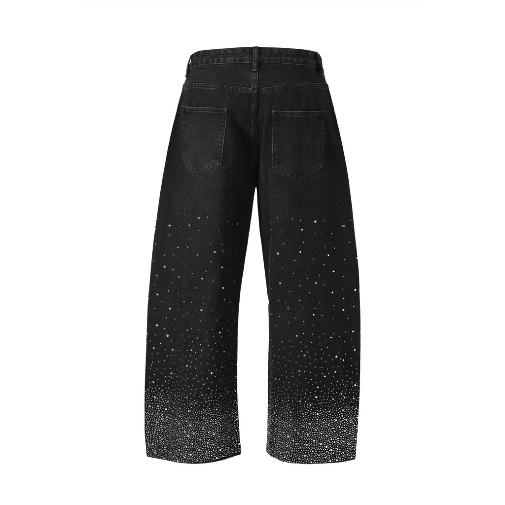 Blue loose-fitting wide-leg cotton trousers on hanger showing pullover style and streetwear design