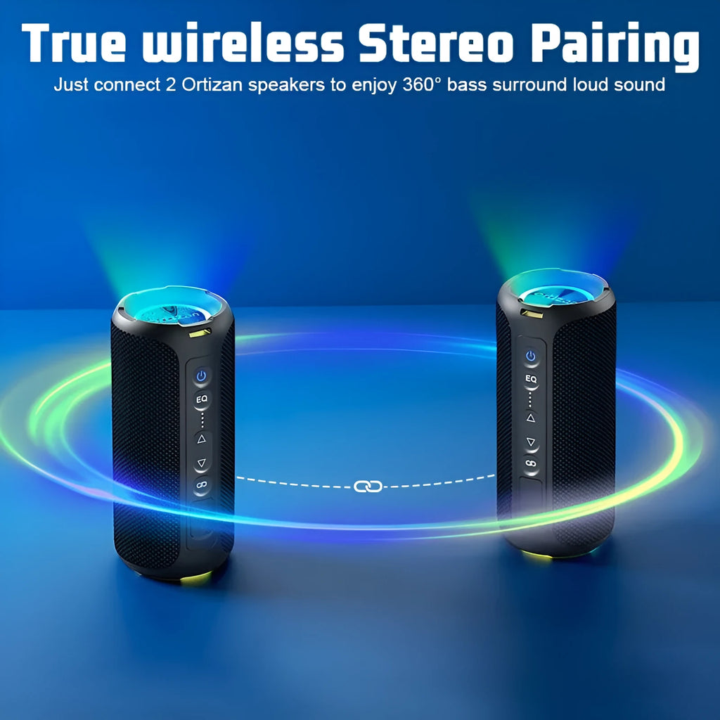 Black and blue fabric wireless Bluetooth speaker with colourful lighting effects showing 40W output rating