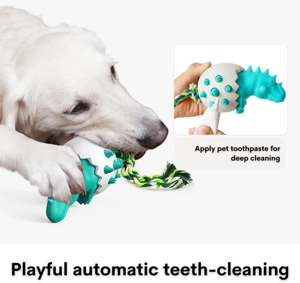 Blue durable dinosaur-shaped dog chew toy with an attached rope for aggressive chewers.