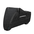 Black polyester motorcycle rain cover shown fitted over a bike, with size and colour options displayed.