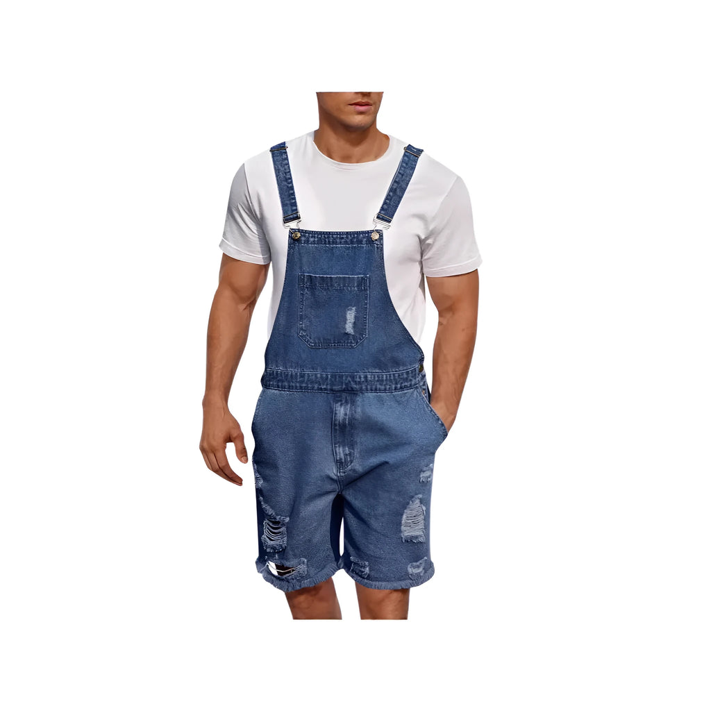Men's ripped dark blue denim shorts with suspender straps on a mid waist