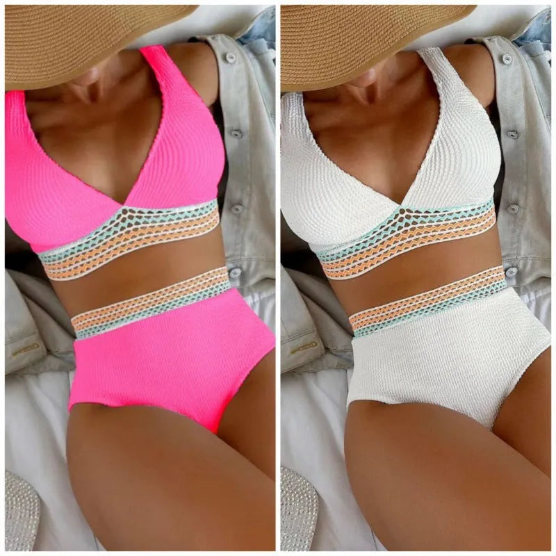 Women's solid pink high waist nylon bikini set shown front and back.