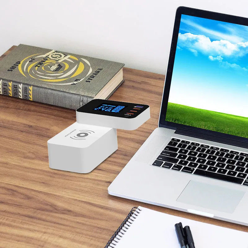 White multi USB port fast charger with wireless charging pad and international plug adapters