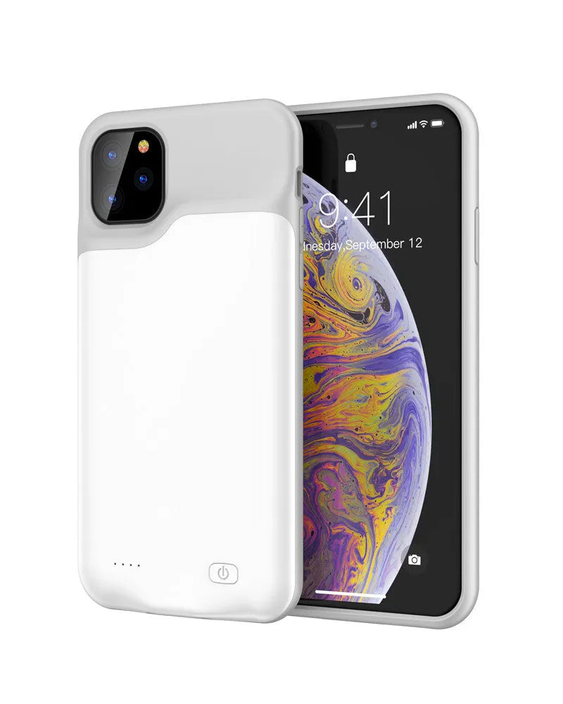 Shockproof silicone iPhone battery charger case in black, blue, pink, or white with integrated high-capacity battery.