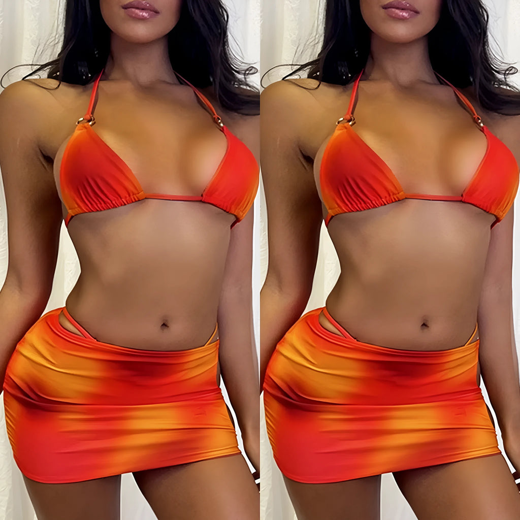Tie-dye gradient three-piece halter bikini swimwear set with quick-drying polyester fabric