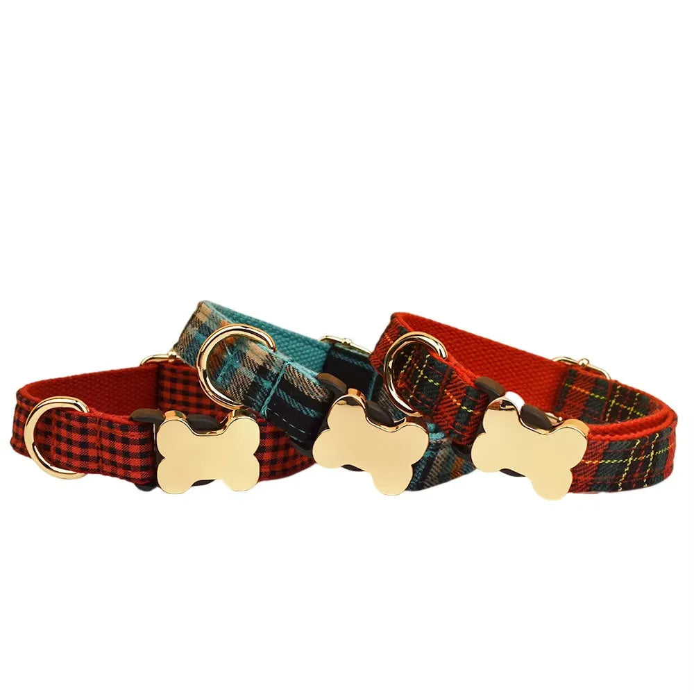 Flat nylon dog collar with printed grid pattern and bone-shaped buckle in multiple colour options