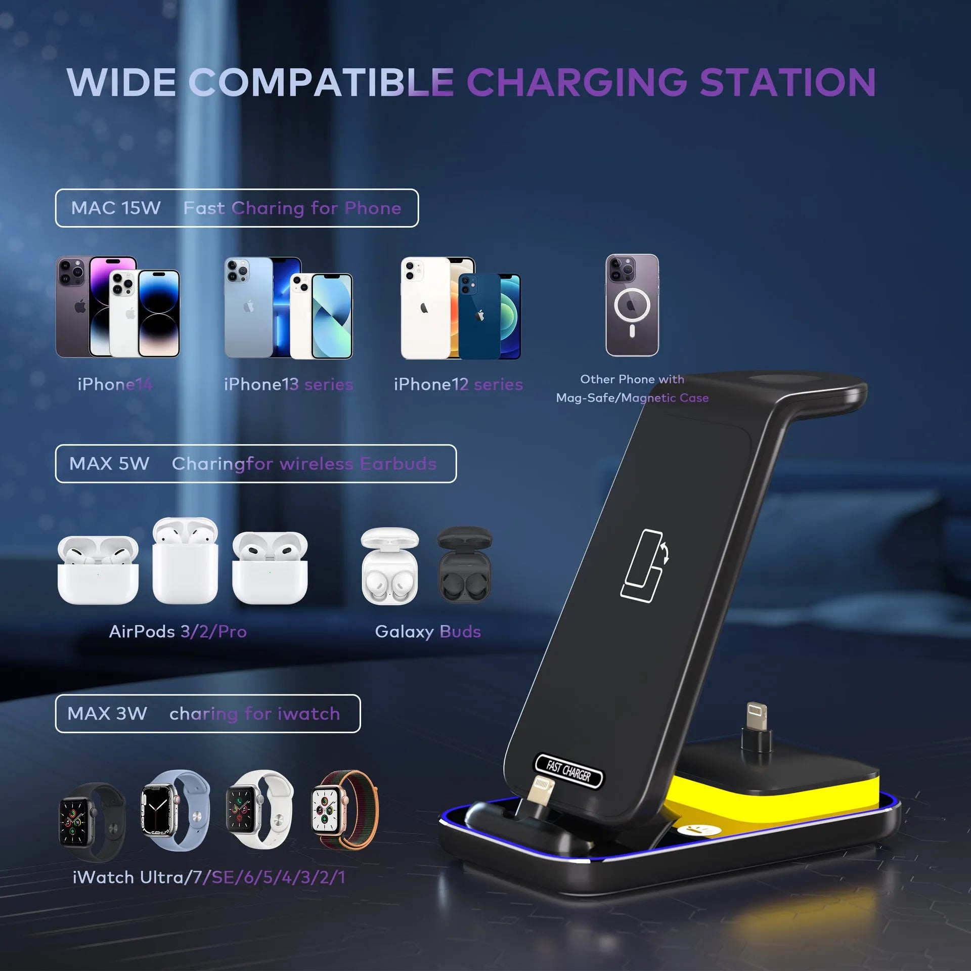 Black vertical wireless charging stand with phone in portrait mode and smartwatch charging simultaneously