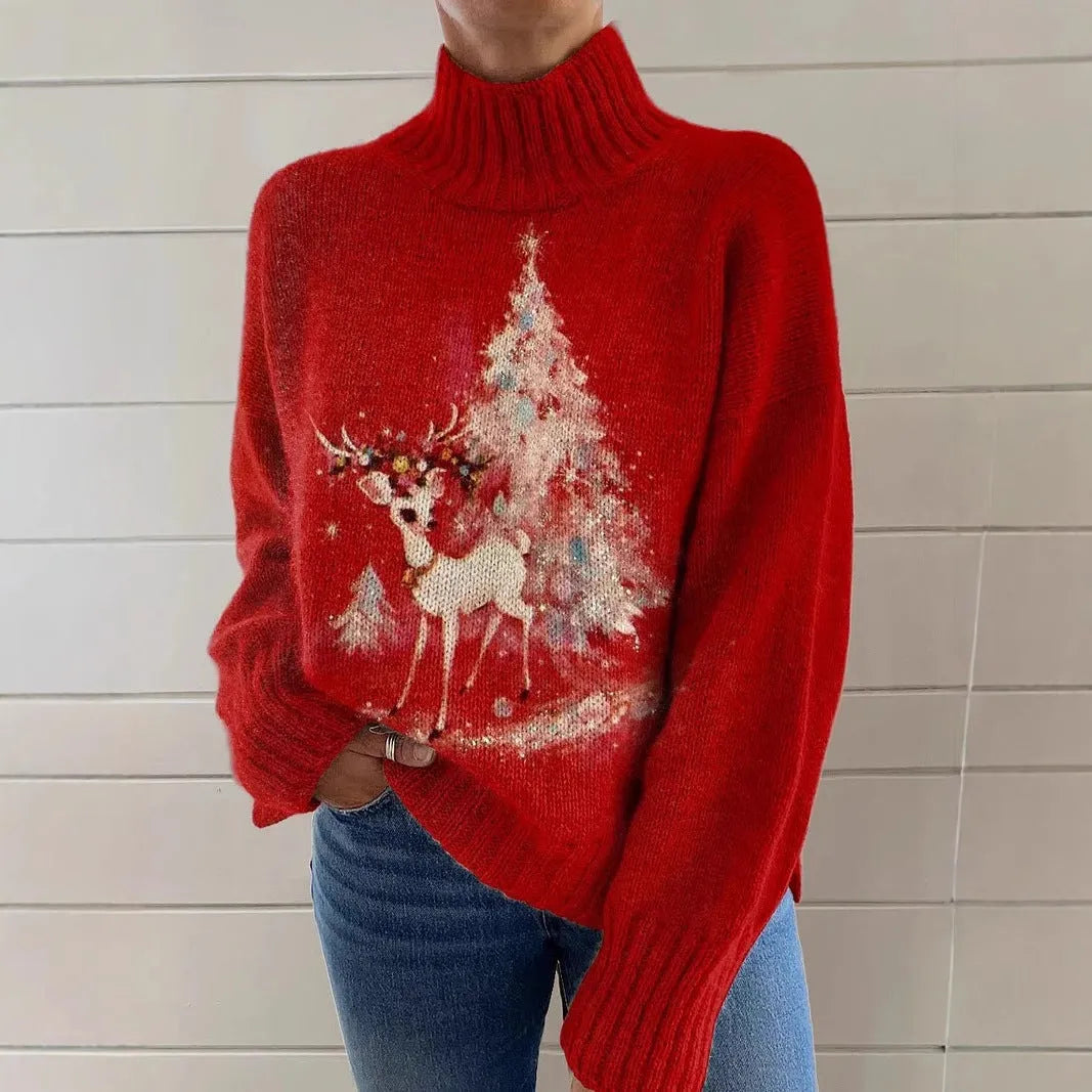 Women's Christmas printed turtleneck sweater in macaron colours with painting pattern