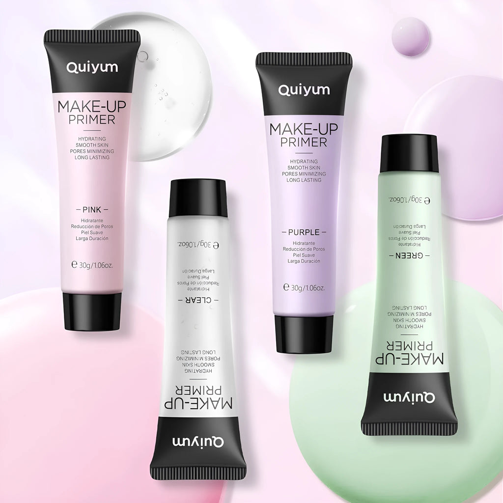 4 colour moisturising makeup primer set showing purple, pink and green correctors in colour box packaging