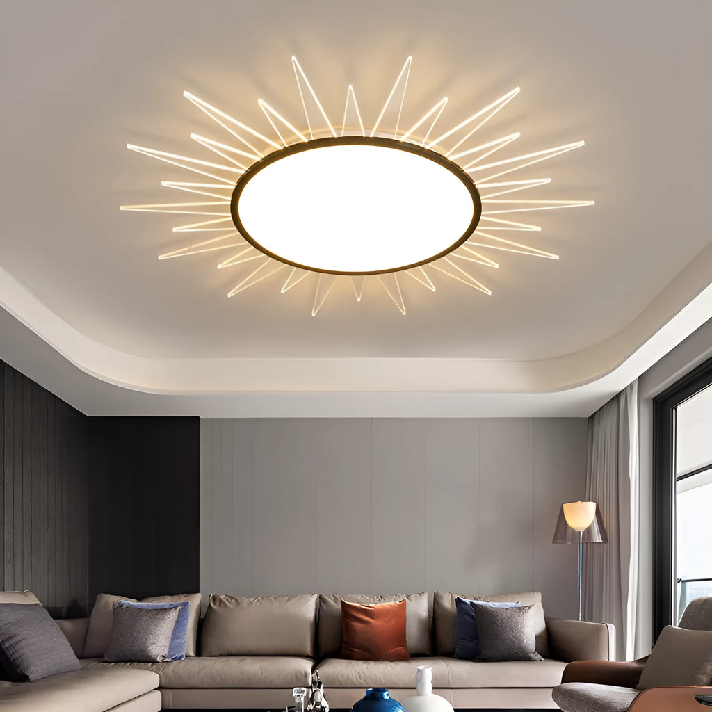 Modern circular aluminium LED ceiling lamp with remote control shown in room setting