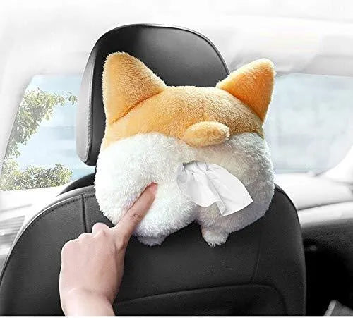 Yellow soft Corgi butt-shaped tissue box cover with elastic strap for car visor or home use.