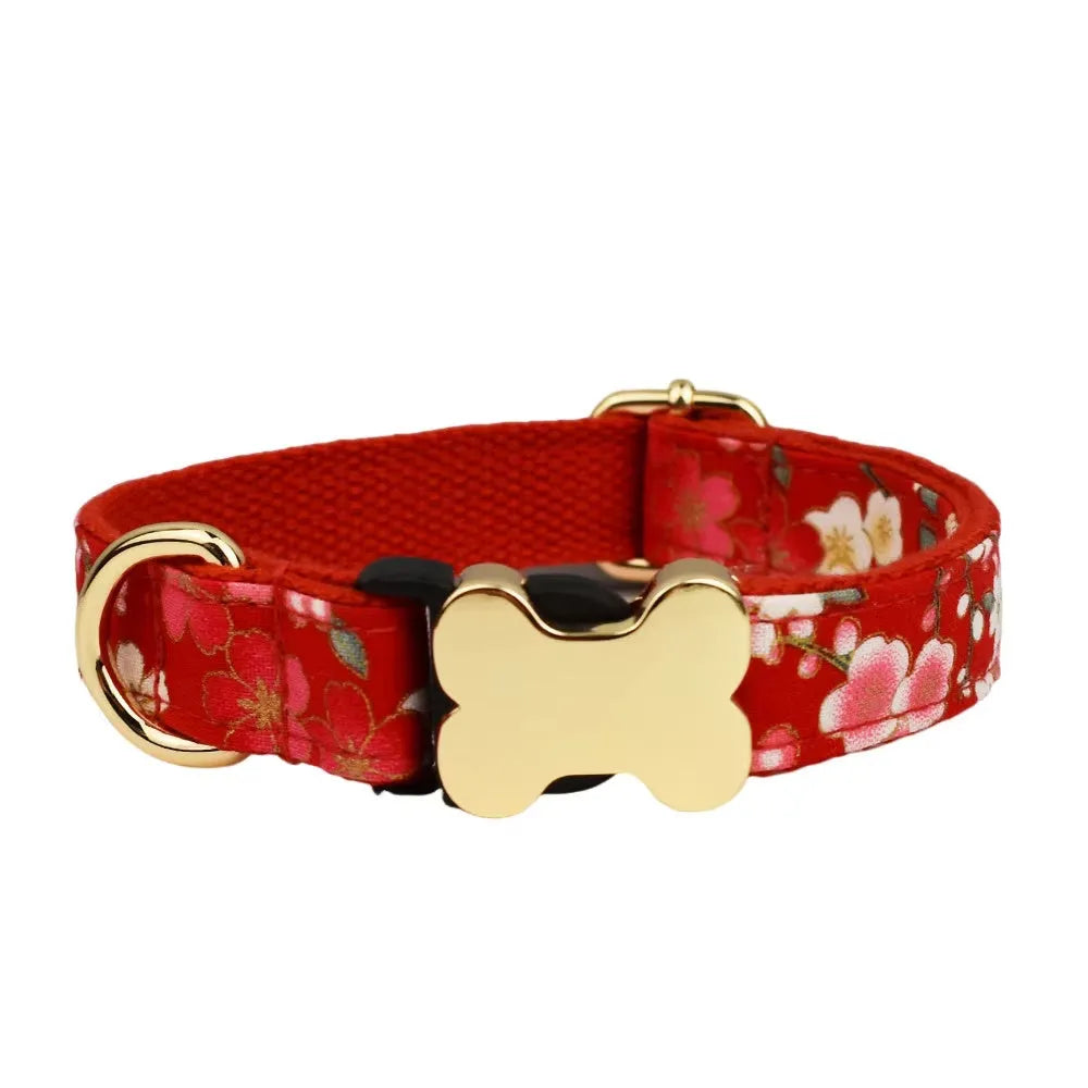 Flat nylon dog collar with printed grid pattern and bone-shaped buckle in multiple colour options