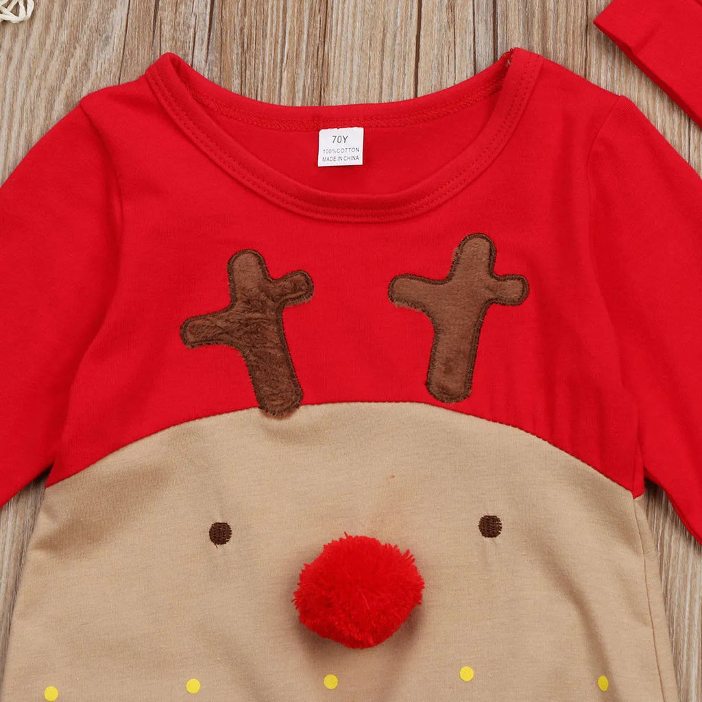 Christmas deer romper in red, long sleeve cotton unisex baby outfit for autumn and spring, sizes 70-100