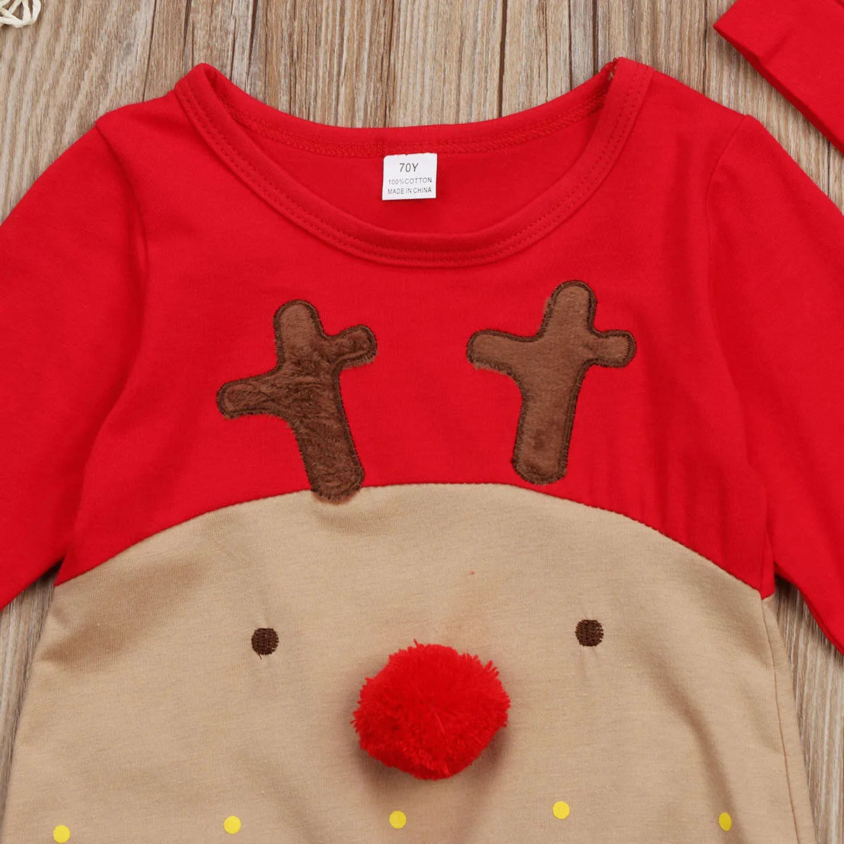 Christmas deer romper in red, long sleeve cotton unisex baby outfit for autumn and spring, sizes 70-100