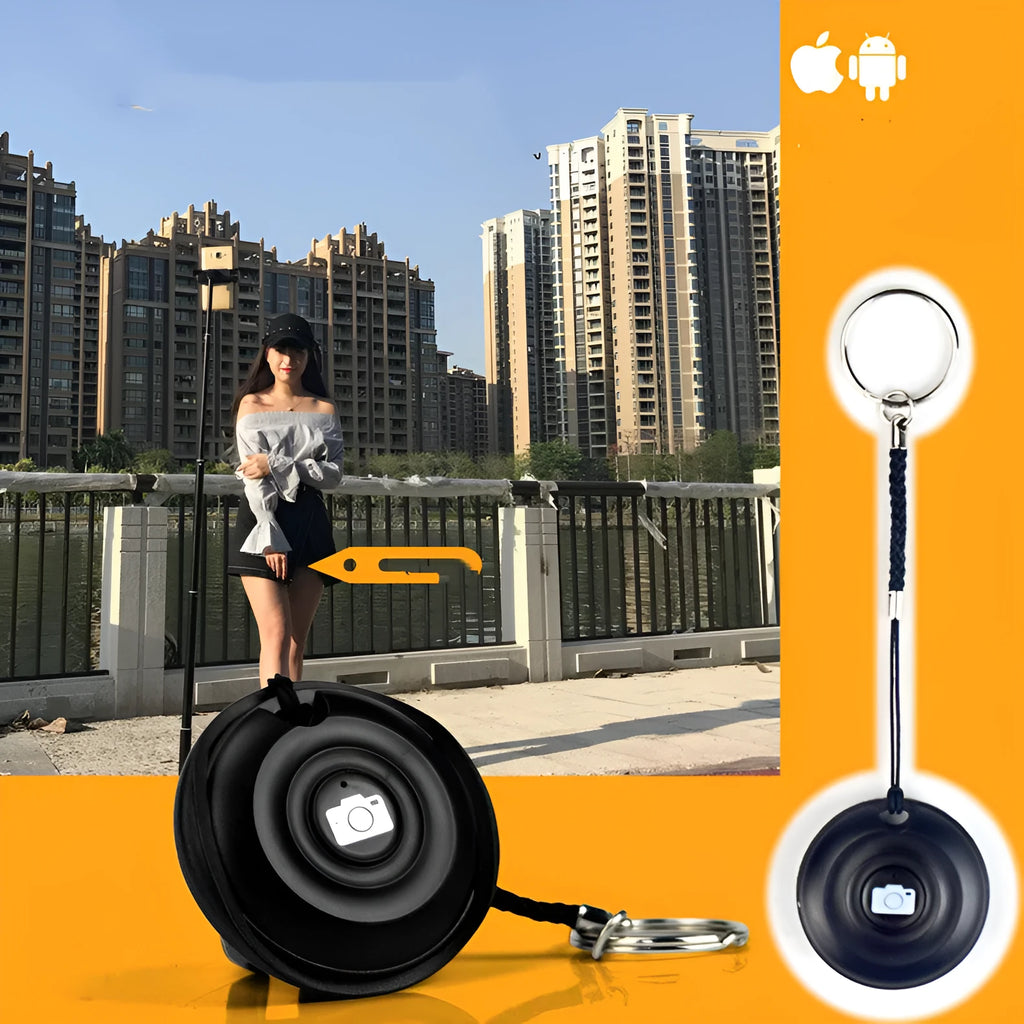 Black Bluetooth remote selfie shutter for smartphone photography with wireless operation
