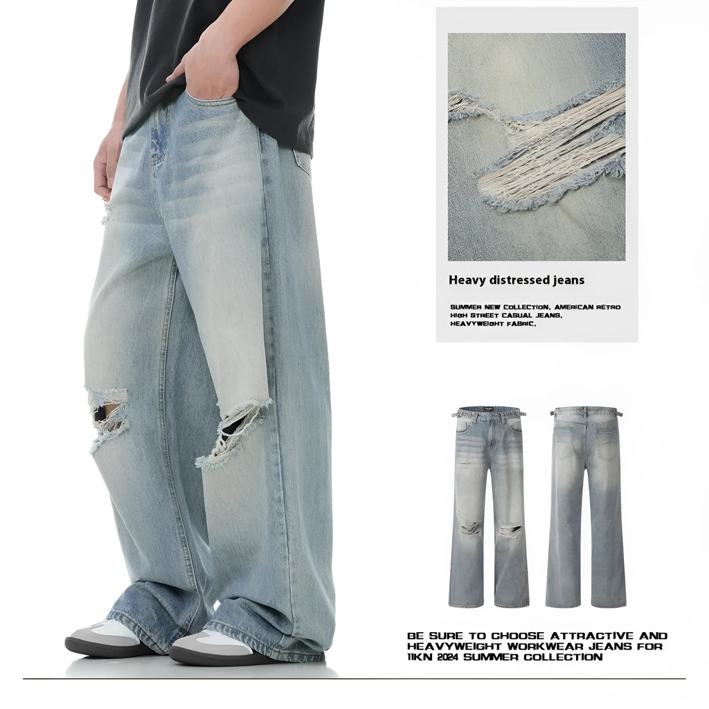 Men's blue retro ripped straight-leg jeans with zipper fly and cotton blend fabric