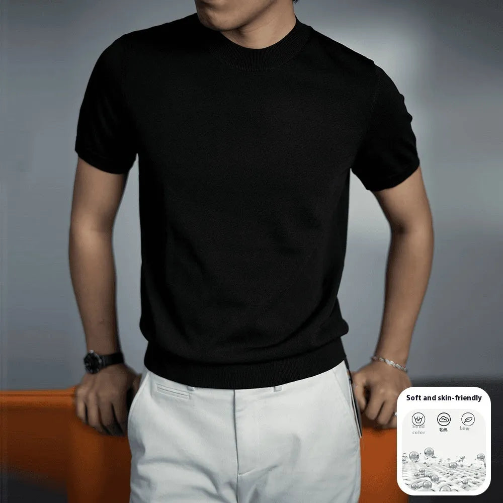 Men's solid colour knitted T-shirt with round neck and short sleeves in business gentleman style