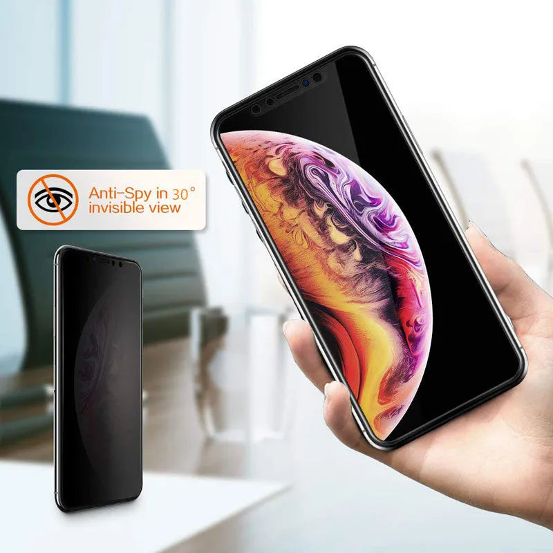 Black anti-peeping tempered glass screen protector for various iPhone models.