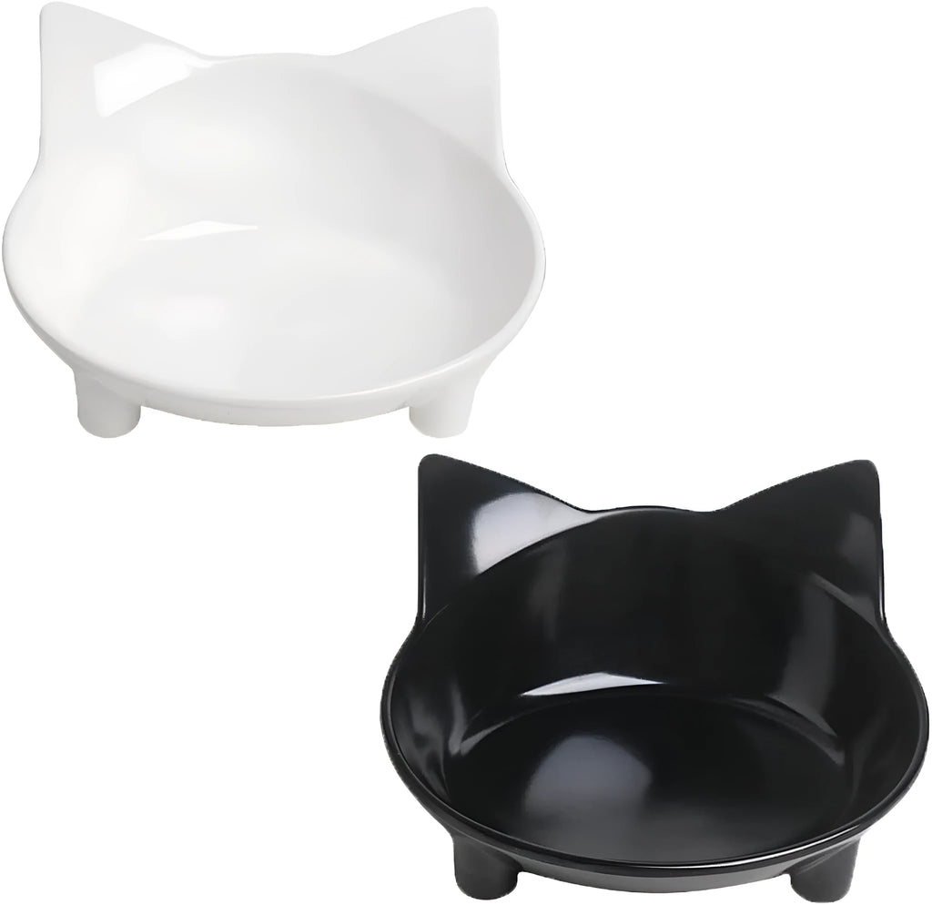 Black shallow melamine cat food bowl with non-slip rubber base on a white background.