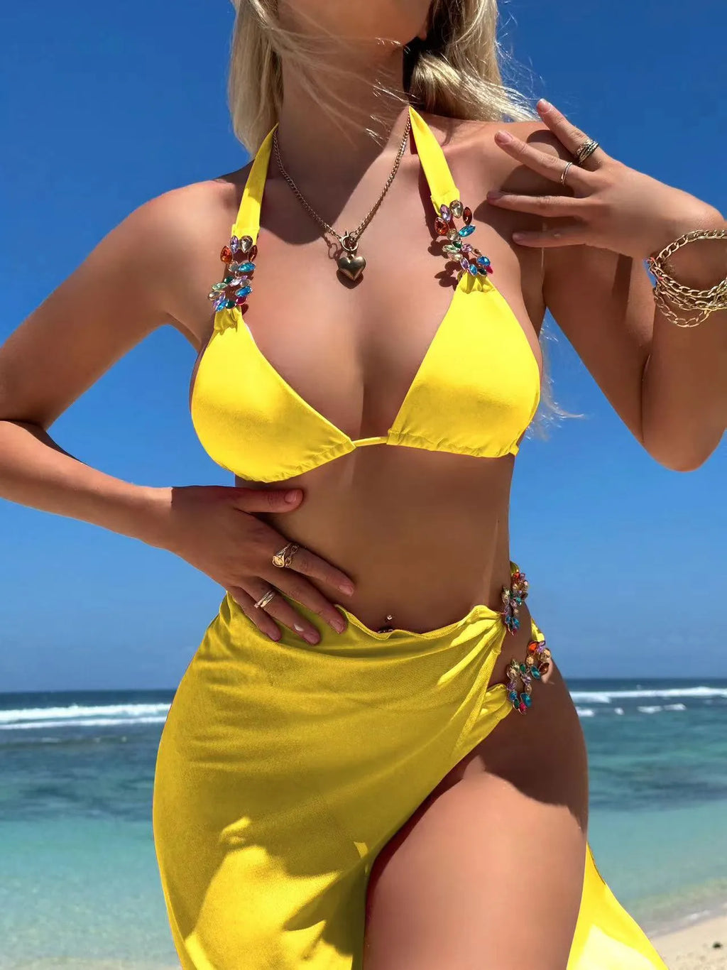 Women's three piece swimsuit set with mesh skirt in rose red or yellow colour