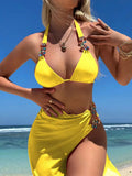 Women's three piece swimsuit set with mesh skirt in rose red or yellow colour