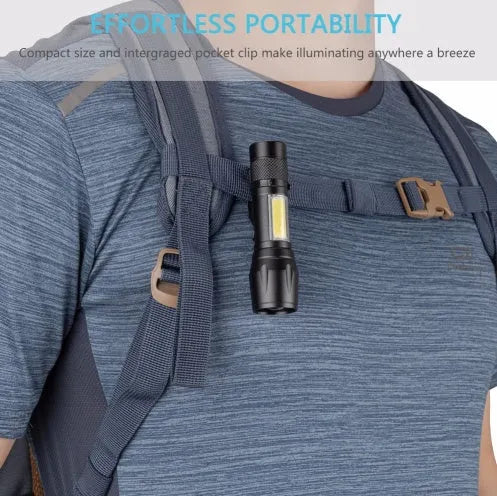 Black aluminium alloy mini telescopic flashlight with pocket clip and adjustable focus zoom.