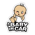Reflective baby on board car sticker with PET material showing angel baby design measuring 14x19cm