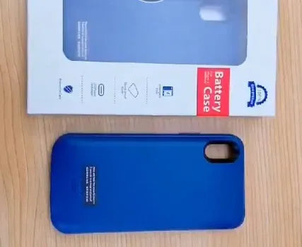 Shockproof silicone iPhone battery charger case in black, blue, pink, or white with integrated high-capacity battery.