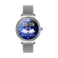 AK38 ladies smart watch with stainless steel band on wrist, showing its 1.09 inch colour screen.