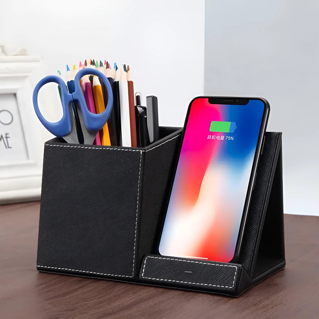 Black leather desk organiser with wireless phone charger and pen holder slot