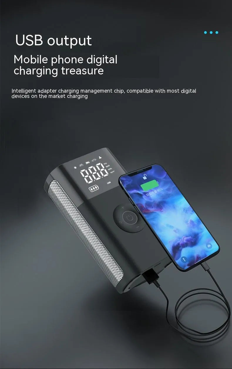 Wireless digital tyre inflator with LCD display showing pressure reading