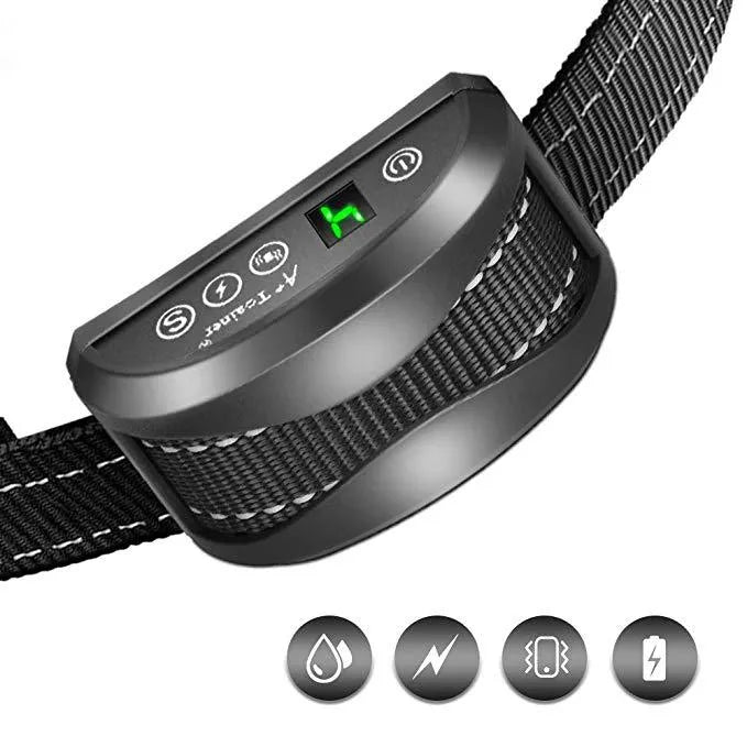 Black waterproof dog bark collar with digital display screen and adjustable reflective strap