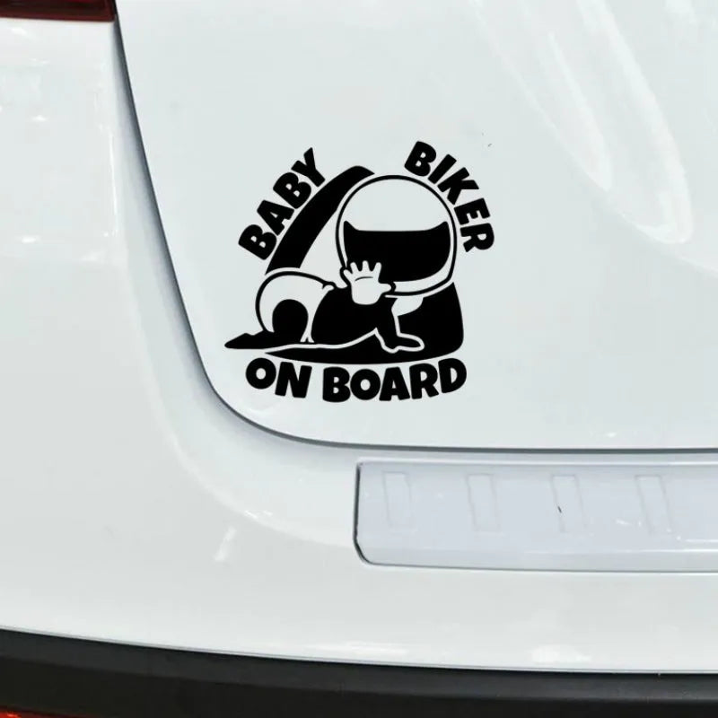 Reflective black and white BABY ON BOARD warning car sticker showing dimensions