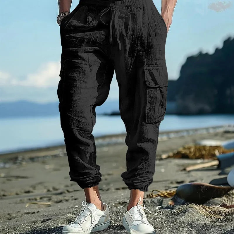 Men's ankle-tied linen casual trousers in Army Green with drawstring waist and multiple pockets