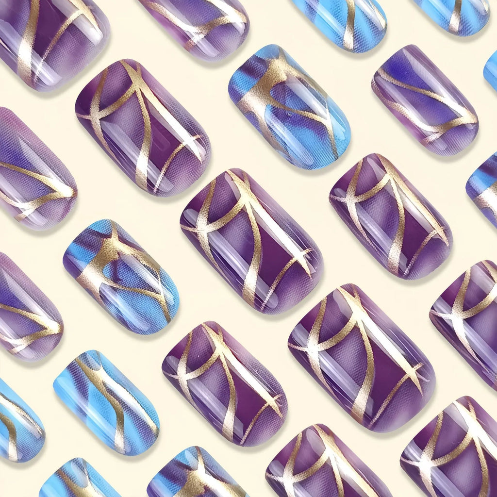 Purple striped nail stickers with European and American style design in medium length