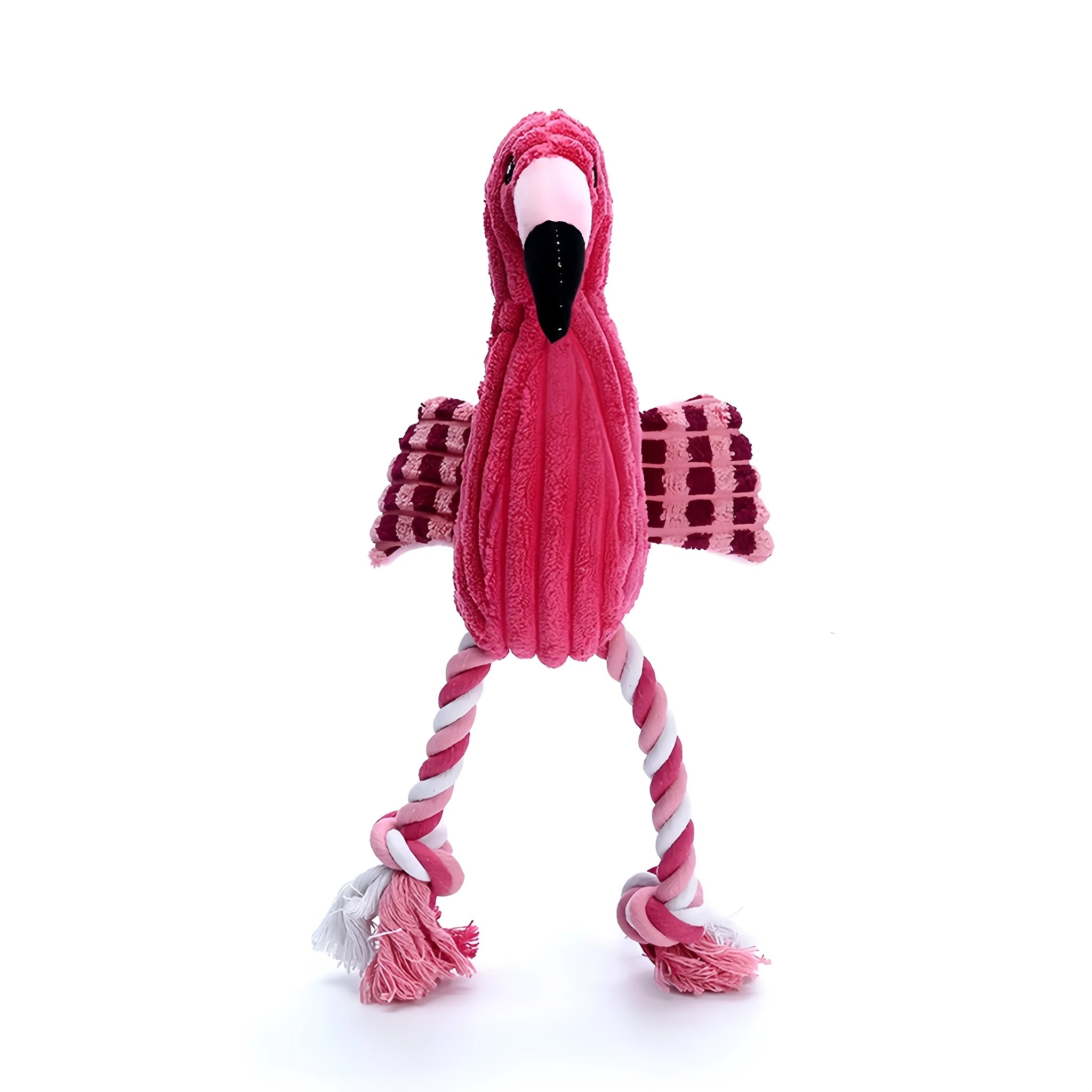 Pink animal-shaped plush dog toy with corduroy material and squeaker inside